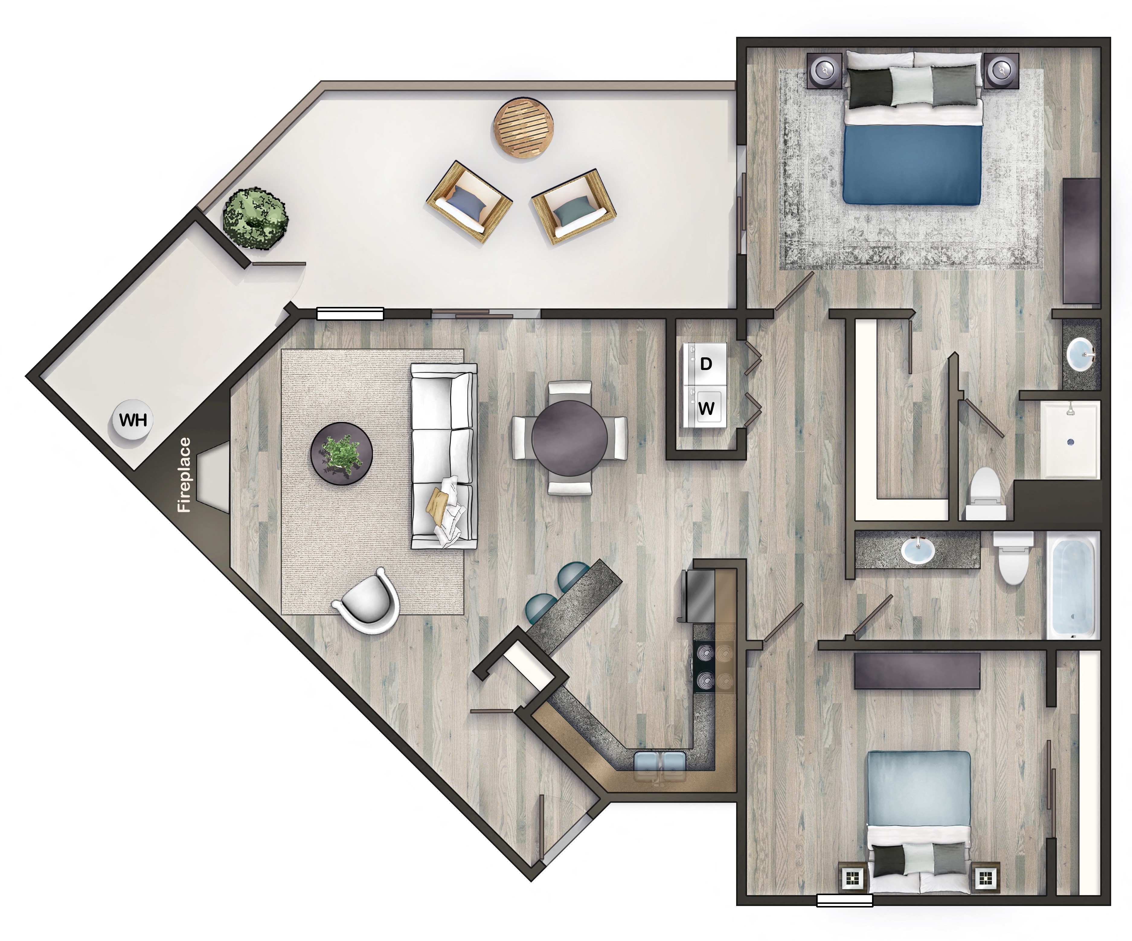 Floor plan for 2 beds, 2 baths, 1010 sqft